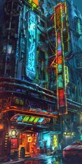 Cyberpunk hotel, neon lights, vibrant signs, glowing windows, vivid colors, futuristic setting, detailed scene, bustling atmosphere, neon glow