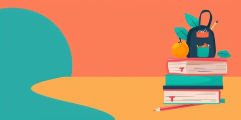 A stack of books with a backpack on top