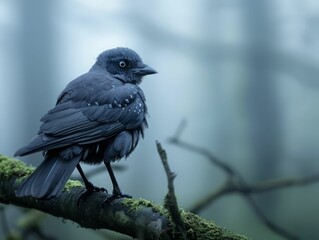 Obraz premium Black Bird Perched on Branch in Foggy Forest.