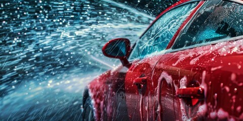 A red car is being washed in the rain