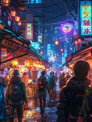 Fototapeta premium Neon marketplace, anime style, vibrant stalls, glowing lights, bustling scene, colorful signs, detailed characters, lively atmosphere, night setting