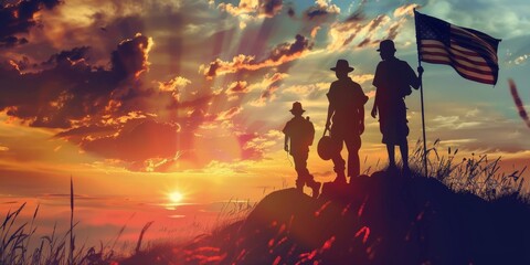 A group of soldiers stand on a hillside with a flag in the background