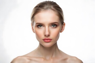 Fototapeta premium Close Up Of Beautiful Blonde Woman With Green Eyes And Perfect Skin Looking At Camera. Isolated On White Background.