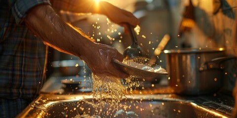 Naklejka premium A man washes dishes in a sink with water splashing all over him