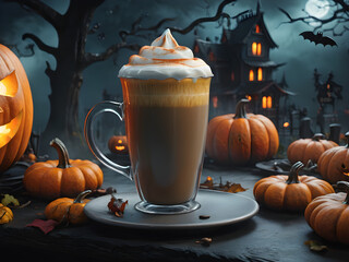 Halloween Coffee Latte Cup with Pumpkin and Scary Castle