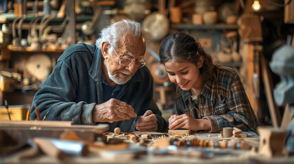 Photorealistic, grandfather and granddaughter, building a birdhouse in a bright workshop, natural light, wood and tools around, creative and educational interaction