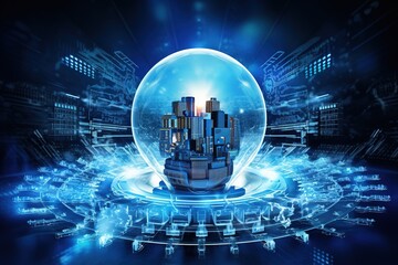 Fototapeta premium A glowing light bulb stands in the midst of a futuristic blue tech environment symbolizing innovation and ideas.
