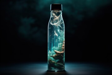 An intricately designed water bottle displays a stunning miniature waterfall and landscape, set against a nocturnal backdrop.
