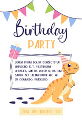 Childrens birthday invitation. Kid party poster with dinosaur. Cute tyrannosaur postcard