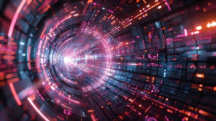 Fototapeta premium Abstract glowing tunnel with vibrant neon lights and futuristic design.