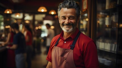 Fototapeta premium Taste the Difference – Friendly Waiter Ready to Welcome You at Our Café