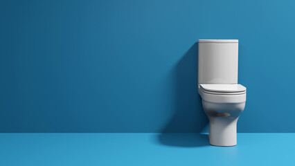 Front view of white toilet bowl on blue background, 3d render