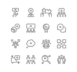 Set of equality related icons, social equality, situation, same status, rights, social goods and services, equal access and linear variety vectors.
