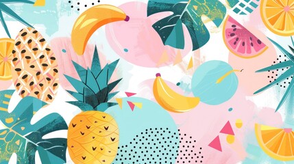 Tropical Fruit Abstract with Geometric Shapes and Leaves