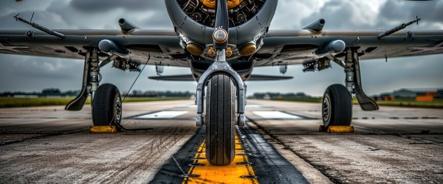 A Pilot Inspecting The Intricate Landing Gear Of A Vintage Warbird, Maintaining The Historical Integrity Of The Aircraft