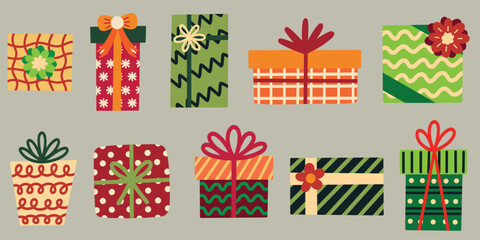 Gift boxes elements set. Christmas, birthday, celebration, party, surprise. Hand drawn vector illustrations.