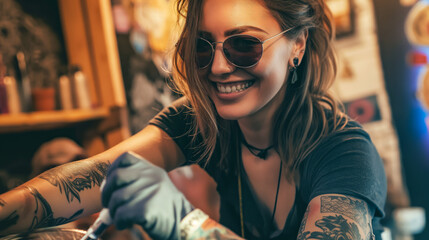 A tattoo artist concentrating on inking a detailed design onto the forearm of a smiling young woman wearing sunglasses indoors.