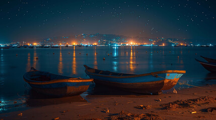 Fototapeta premium Combination of city lights and anchored boats enhances the beach's peaceful