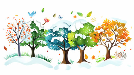 Four seasons tree isolated on white background, spring with flowers, green summer, yellow autumn, snow winter. Vector illustration. Paper cut cartoon style,