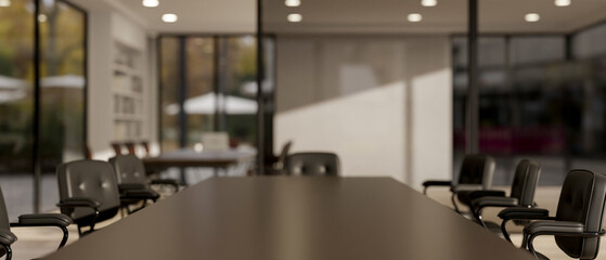 A close-up image of a space for displaying products on a meeting table in a modern meeting room.