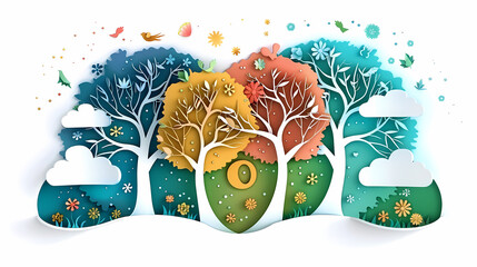 Naklejka premium Four seasons tree isolated on white background, spring with flowers, green summer, yellow autumn, snow winter. Vector illustration. Paper cut cartoon style,