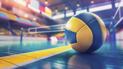 Volleyball lying on the floor of a gymnasium with blurred stands and fans in the background, emphasizing the blue and yellow color palette and bokeh effect. Sports equipment, indoor court