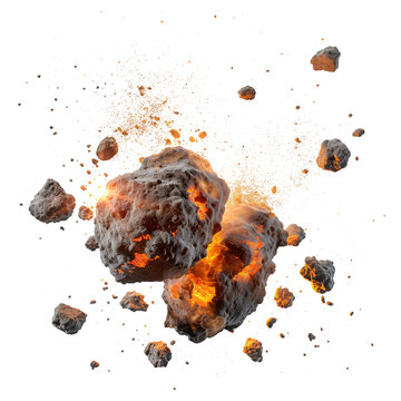 Meteorites colliding and exploding scattered on a transparent background.