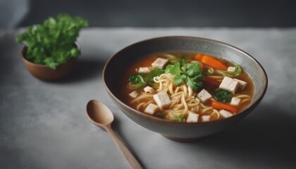 view of elegant Tasty appetizing vegan asian soup with tofu, noodles and vegetables served in bowl