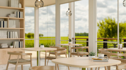 A minimalist contemporary coffee shop indoor seating area features a view of a green field outside.