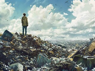 Man Standing on a Mountain of Trash Looking Up at the Sky.