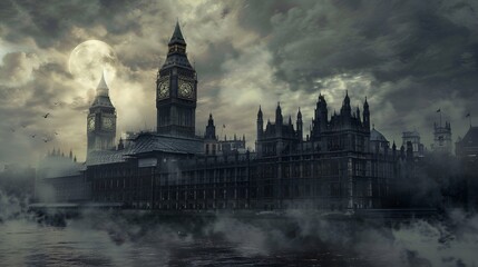 Fototapeta premium London Fog and Full Moon.