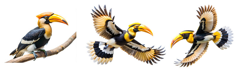 Fototapeta premium The Great Hornbill flying on white background