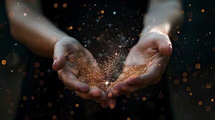 Fototapeta premium Stardust and magic in woman hands on dark background