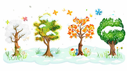 Four seasons tree isolated on white background, spring with flowers, green summer, yellow autumn, snow winter. Vector illustration. Paper cut cartoon style,
