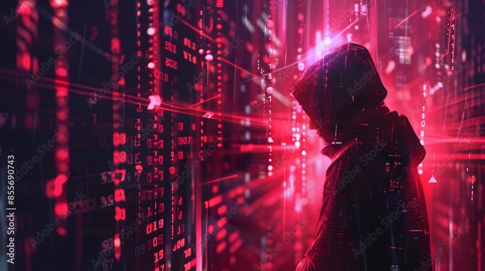 Poster hacker stealing digital data from government server data files flowing like river of light cybercrim
