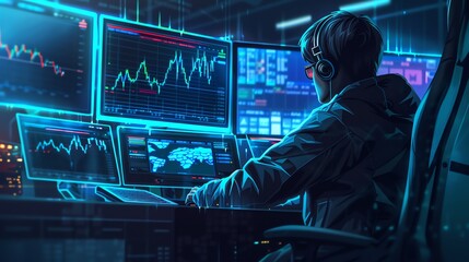 cryptotrader sits at the monitor and watches the charts photorealism