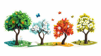 Four seasons tree isolated on white background, spring with flowers, green summer, yellow autumn, snow winter. Vector illustration. Paper cut cartoon style,