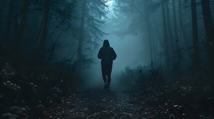 A Terrified Figure Flees Through a Shrouded Forest Landscape Gripped by Unyielding Fear