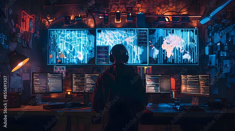 Poster hacker monitoring multiple computer screens displaying digital maps and code in dark room