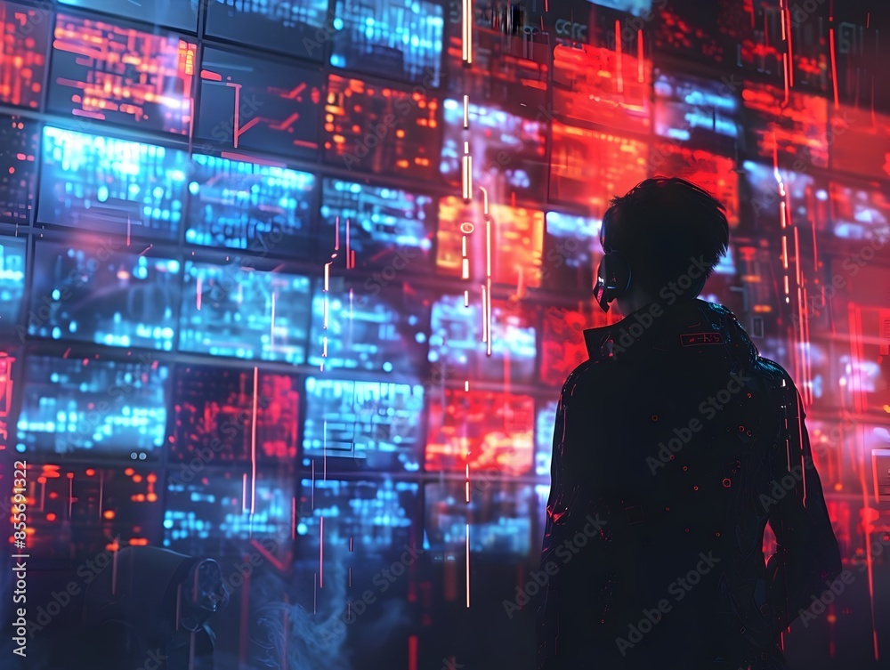 Poster hacker infiltrating high security digital system with multiple firewalls