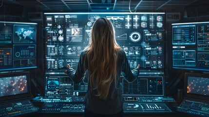 Female Hacker Manipulating Virtual Screens in Futuristic Lab with Hand Gestures