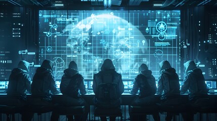 Hacker Group Strategizing Cyber Attack with Digital Blueprints and Technology Concepts