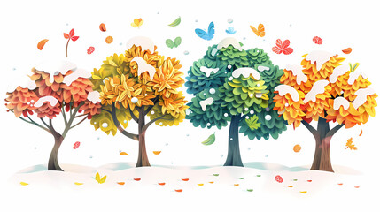 Fototapeta premium Four seasons tree isolated on white background, spring with flowers, green summer, yellow autumn, snow winter. Vector illustration. Paper cut cartoon style,