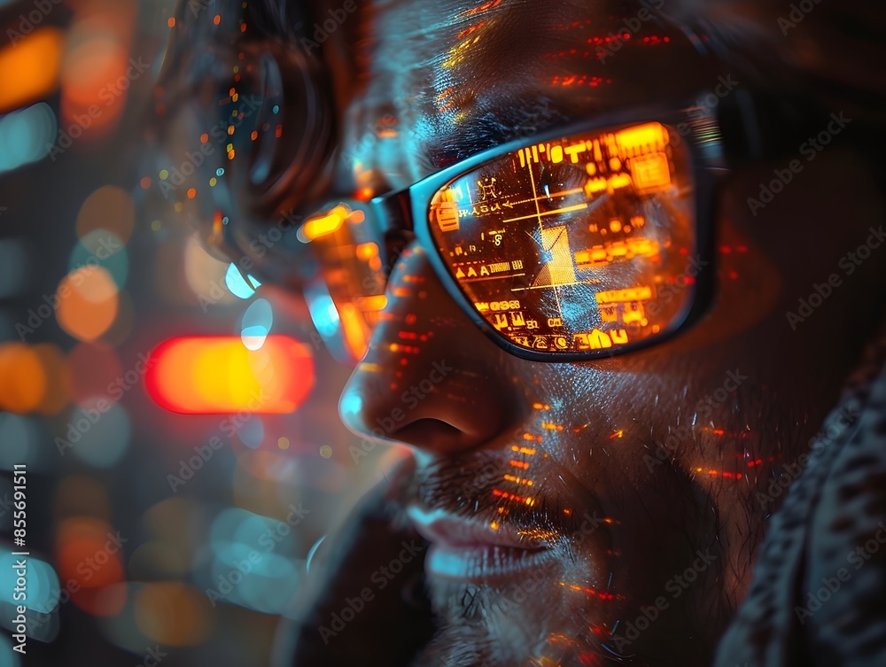 Poster hacker using augmented reality glasses to navigate digital interface overlaid on real world