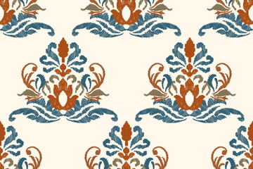 Ikat floral paisley embroidery on white background. Traditional ethnic ikat, aztec abstract vector pattern, seamless pattern in tribal, folk embroidery and mexican style.