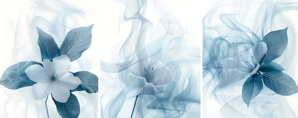 Three modern art posters with abstract floral flower in smoke blue and white shades .