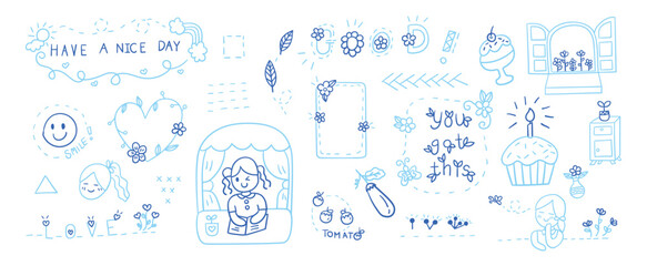 Hand drawn outline doodles vector design elements set of flower, have a nice day lettering, smile, girl, tomato, love lettering, floating leaves, cupcake.