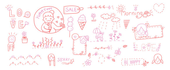 Obraz premium Hand drawn outline doodles vector design elements set of flower, morning lettering, meatball, butterfly, ice cream, love lettering, sale tag, dressing table.