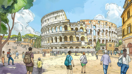 An artistic rendering showing the Colosseum in Rome with tourists enjoying gelato on a sunny day.