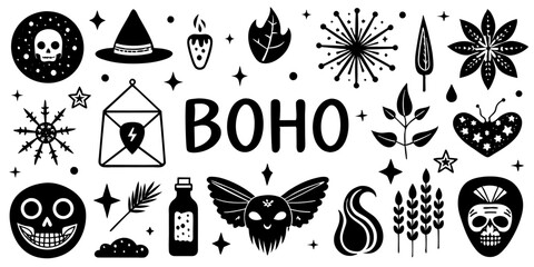 A collection of boho icons in black and white on a white background
